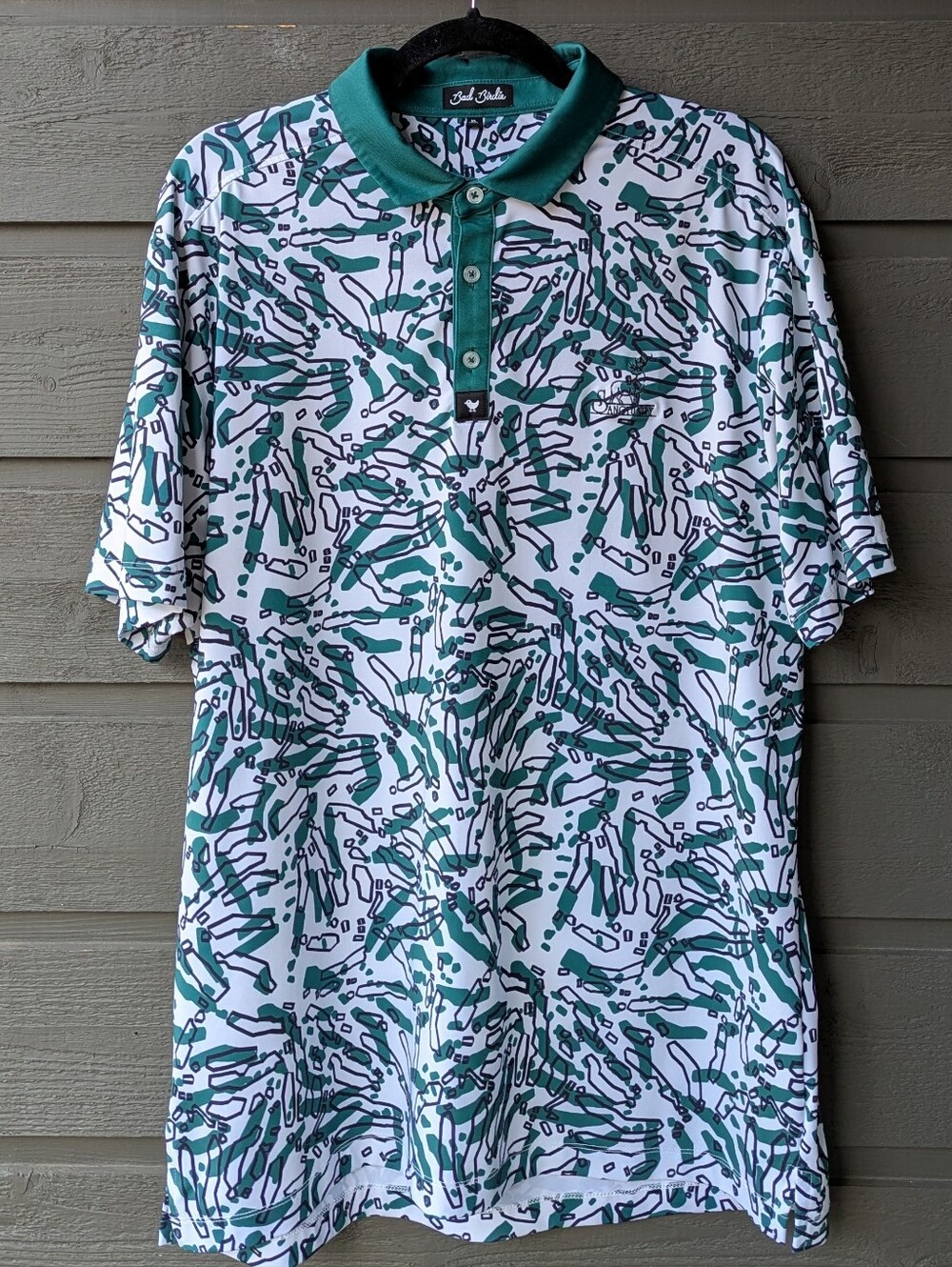Bad Birdie Sanctuary Golf Course Green Black White Patterned Polo Size XL